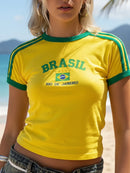 Camisa Brasil Bordada BabyLook Feminina