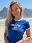 Camisa Brasil Bordada BabyLook Feminina
