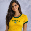 Kit 2 Cropped Camiseta Brasil Manga Curta Moda Canelado Croped Feminino Copa Torcida Amarelo Seleção
