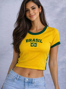 Kit 2 Cropped Camiseta Brasil Manga Curta Moda Canelado Croped Feminino Copa Torcida Amarelo Seleção