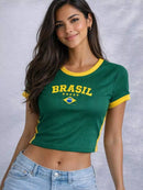 Kit 2 Cropped Camiseta Brasil Manga Curta Moda Canelado Croped Feminino Copa Torcida Amarelo Seleção