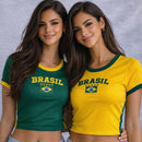 Kit 2 Cropped Camiseta Brasil Manga Curta Moda Canelado Croped Feminino Copa Torcida Amarelo Seleção