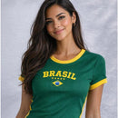 Kit 2 Cropped Camiseta Brasil Manga Curta Moda Canelado Croped Feminino Copa Torcida Amarelo Seleção
