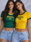 Kit 2 Cropped Camiseta Brasil Manga Curta Moda Canelado Croped Feminino Copa Torcida Amarelo Seleção