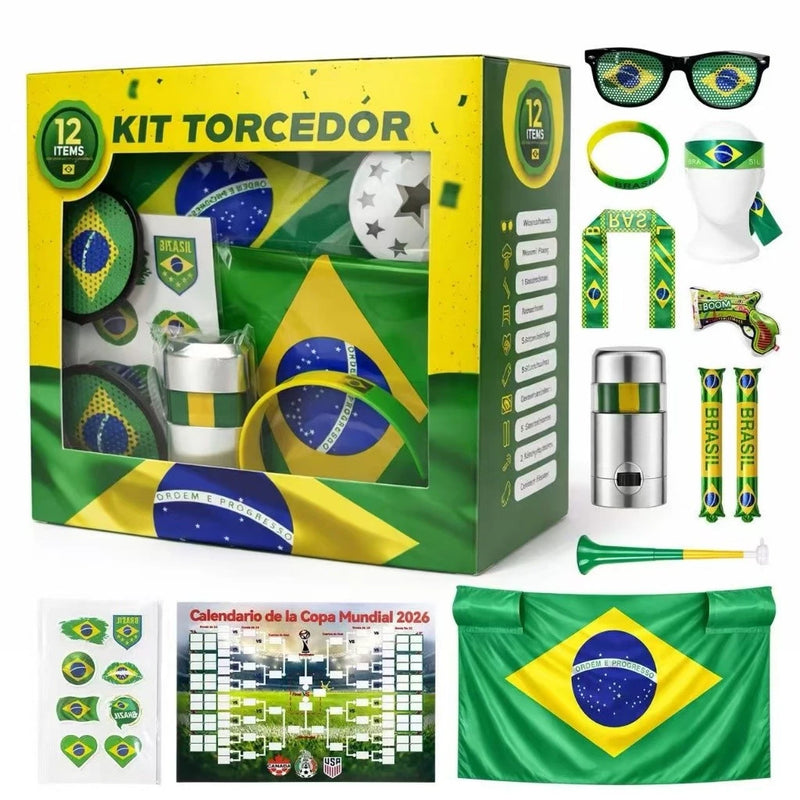 Kit Torcedor Brasil 12 Itens Copa 2026 Festa Futebol Adesivo Corneta Bandeira Oculos Brasil